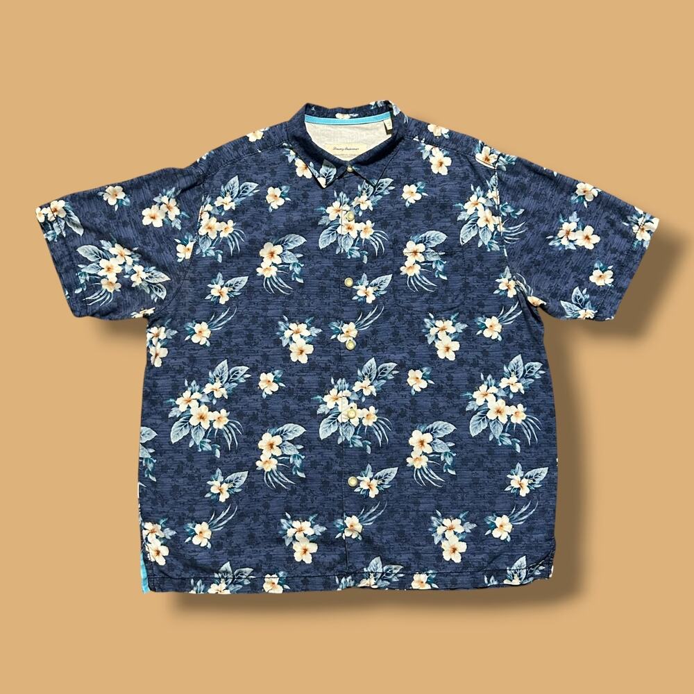 Vintage Tommy Bahama Silk Hawaiian Shirt Floral Print Button Up Aloha XL Blue